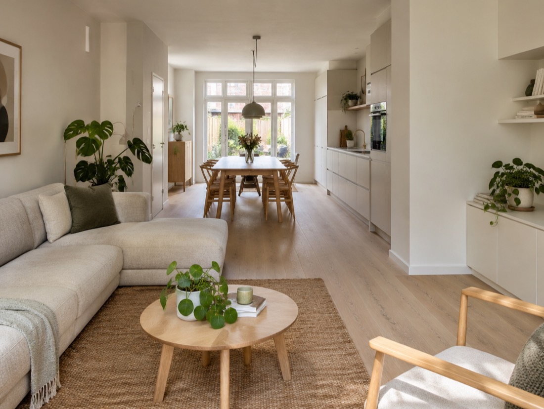 Een gerenoveerde woonkamer met open keuken, lichte wanden en een houten vloer