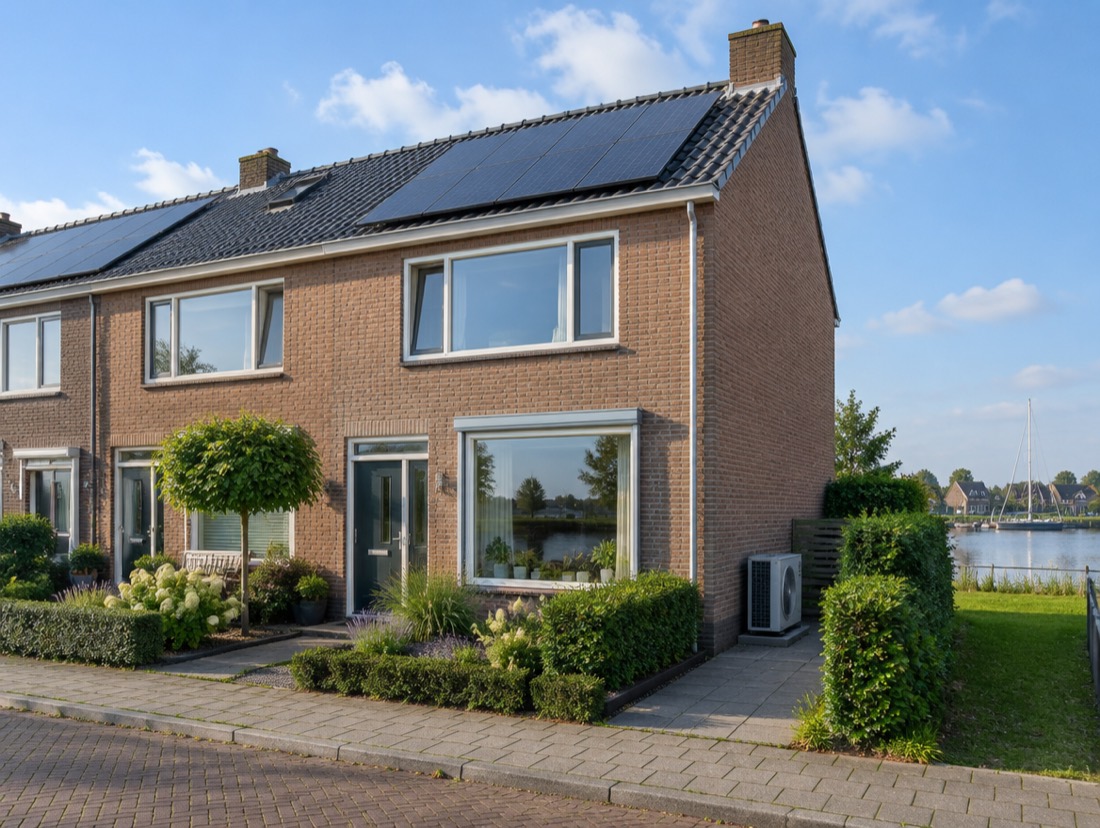 Een Nederlandse hoekwoning met zonnepanelen op het dak en een warmtepomp naast het huis